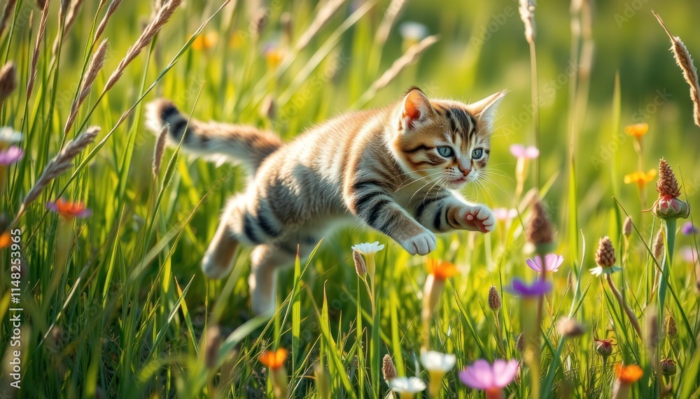 A playful kitten leaps through a field of colorful wildflowers in a sunlit meadow. A playful kitten leaps through a field of colorful wildflowers in a sunlit meadow.