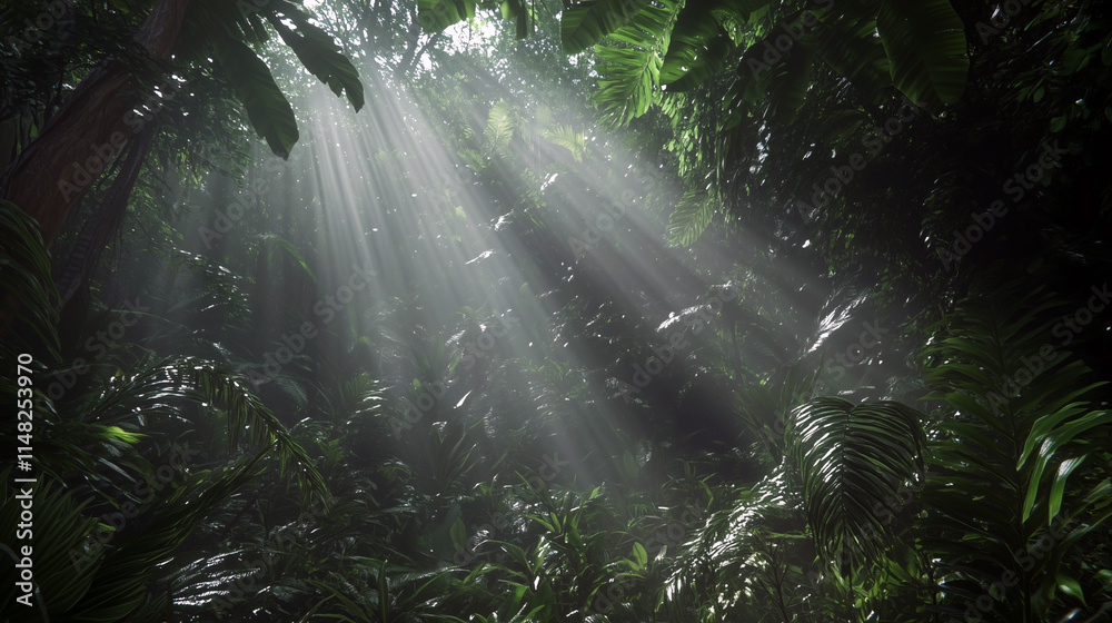 Fototapeta premium Sunlight beams through dense jungle foliage.