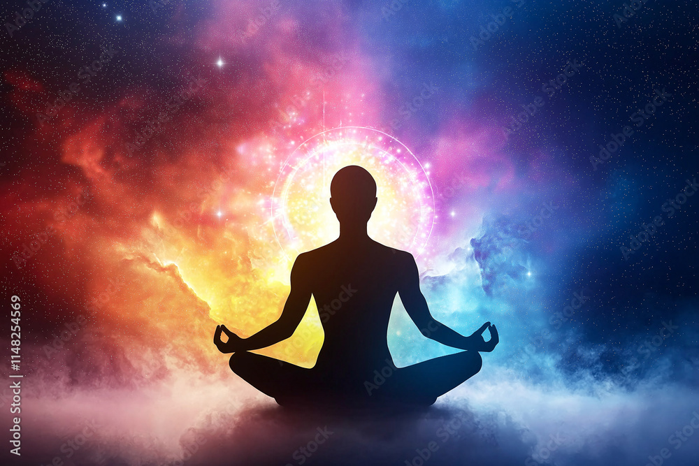 silhouetted figure meditating in cosmic setting, surrounded by vibrant colors and celestial elements, evokes sense of peace and tranquility silhouetted figure meditating in cosmic setting, surrounded by vibrant colors and celestial elements, evokes sense of peace and tranquility