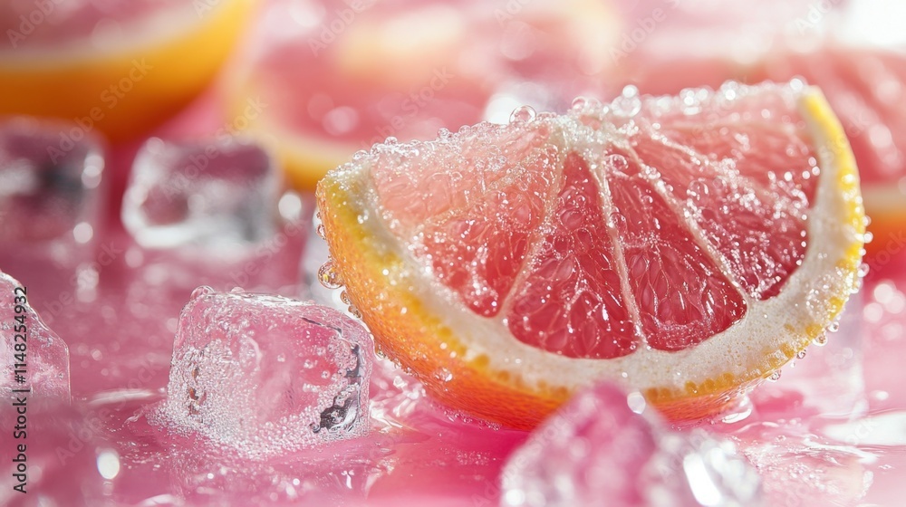 Refreshing Pink Grapefruit Slice on Ice with Sparkling Water Drops