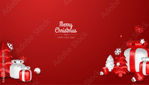 Happy New Year and Merry Christmas. Christmas holiday background with realistic 3d objects, bauble balls, conical metal stars. Levitation falling design composition.