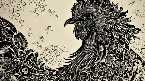 Intricate black and white rooster art artistic studio illustration creative space close-up nature inspiration photo