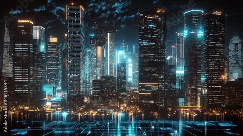 Wallpaper Mural A city skyline with glowing skyscrapers and a digital interface. Torontodigital.ca