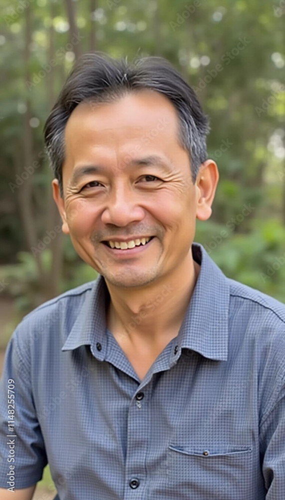A cheerful male resident of Thailand enjoys the outdoors, smiling while surrounded by lush greenery. The scene captures a bright, sunny afternoon, showcasing his warm demeanor. Generative AI A cheerful male resident of Thailand enjoys the outdoors, smiling while surrounded by lush greenery. The scene captures a bright, sunny afternoon, showcasing his warm demeanor. Generative AI