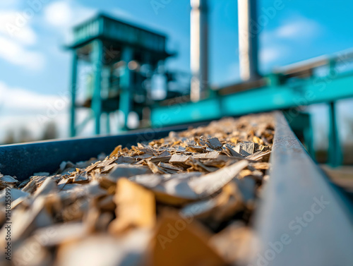 A close-up of wood chips on a conveyor belt with industrial machinery and blue sky in the background, highlighting wood processing technology.