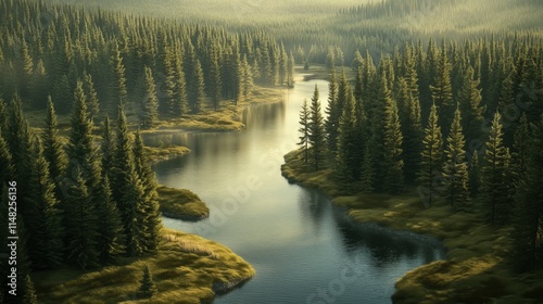 Serene river flowing through a lush green forest surrounded by misty mountains at dawn photo