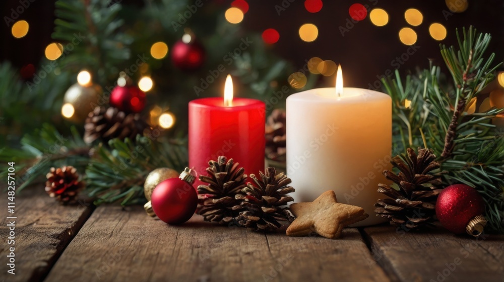 festive Christmas scene with a lit red candle, surrounded by pine branches, pine cones, star-shaped cookies, and Christmas ornaments. The scene is on a wooden background festive Christmas scene with a lit red candle, surrounded by pine branches, pine cones, star-shaped cookies, and Christmas ornaments. The scene is on a wooden background