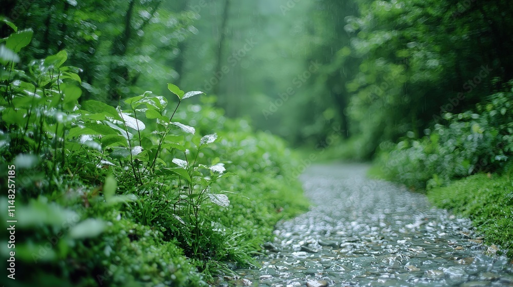 Obraz premium Lush green forest path after rain.