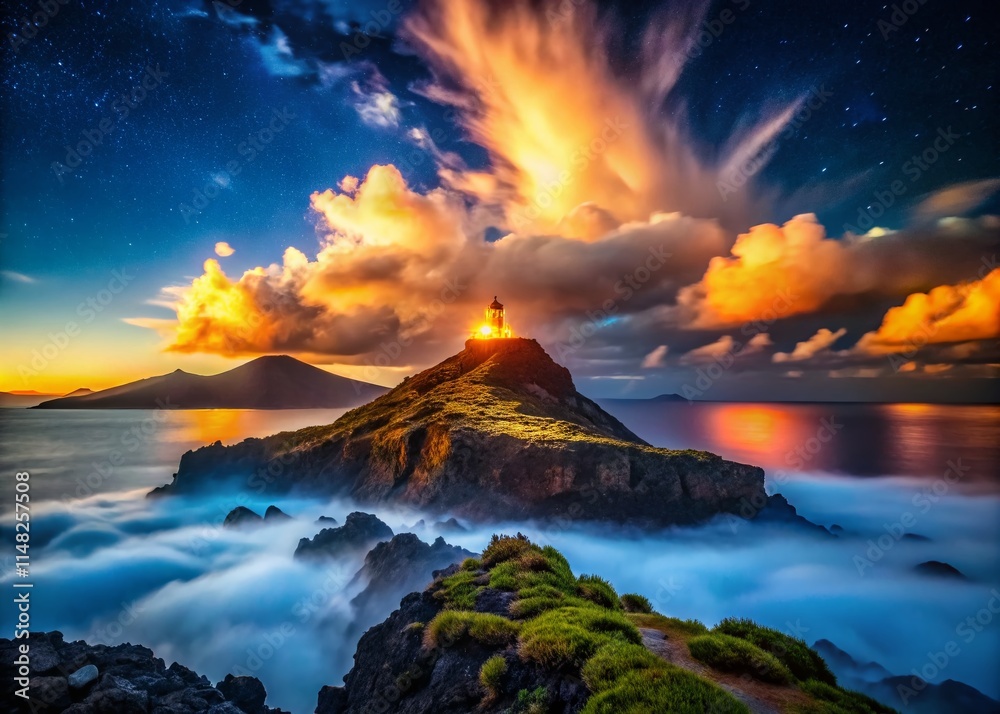 Fototapeta premium Night Island Mountaintop Tower Cloudscape - Macro Photography, Epic Night Scene, Dramatic Landscape