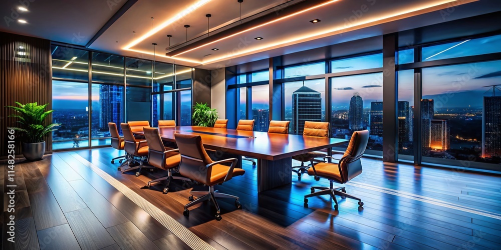 Fototapeta premium Night Office Meeting Room, Empty Conference Room at Night, Dark Corporate Meeting Space, Deserted Office Interior, Nighttime Business Setting, Alone in Office After Hours