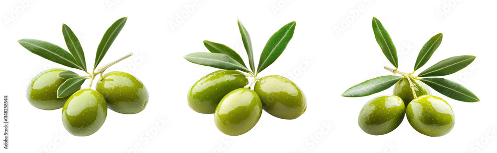 Obraz premium Fresh green olives with leaves on a black background