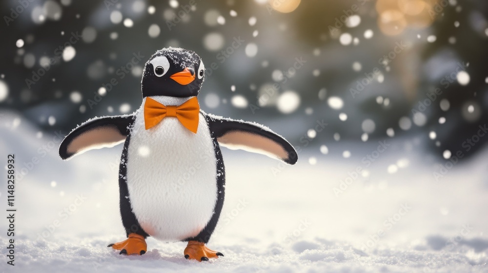 Fototapeta premium Cute Penguin Character in Snow with Bow Tie and Snowflakes Falling