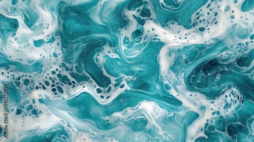 Swirling turquoise and white patterns create an abstract representation of oceanic movement and tranquility at dusk photo