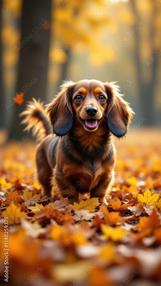 Adorable dachshund enjoying autumn leaves with a radiant smile. Adorable dachshund enjoying autumn leaves with a radiant smile.