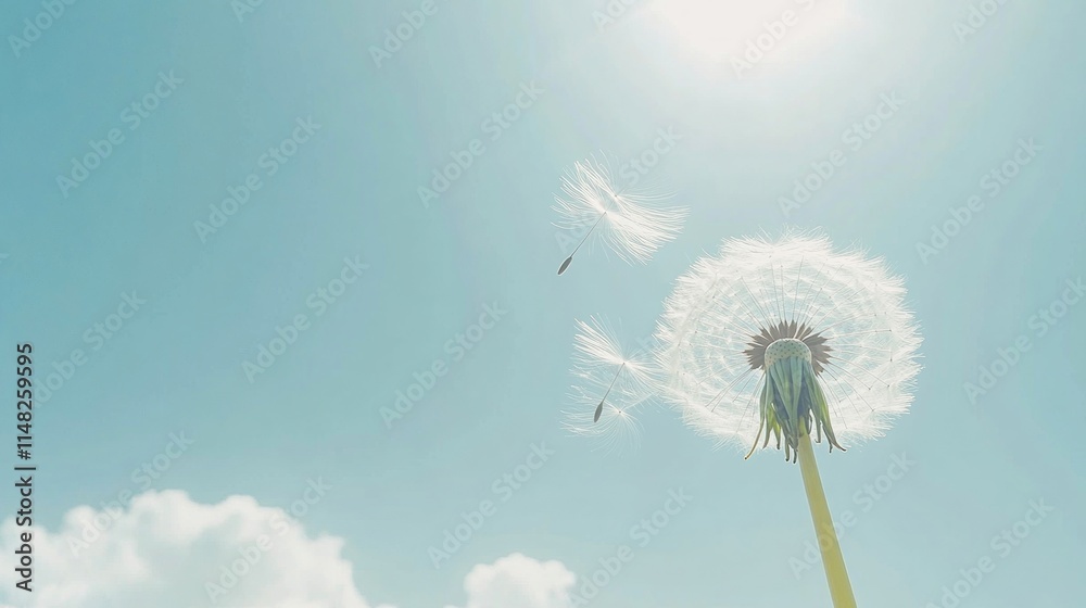 Fototapeta premium Dandelion seeds blowing in the wind against a bright blue sky.