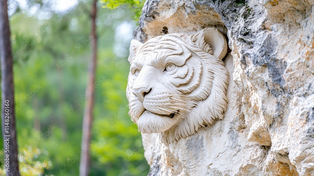 White tiger head carved into stone cliff face, outdoors. White tiger head carved into stone cliff face, outdoors.