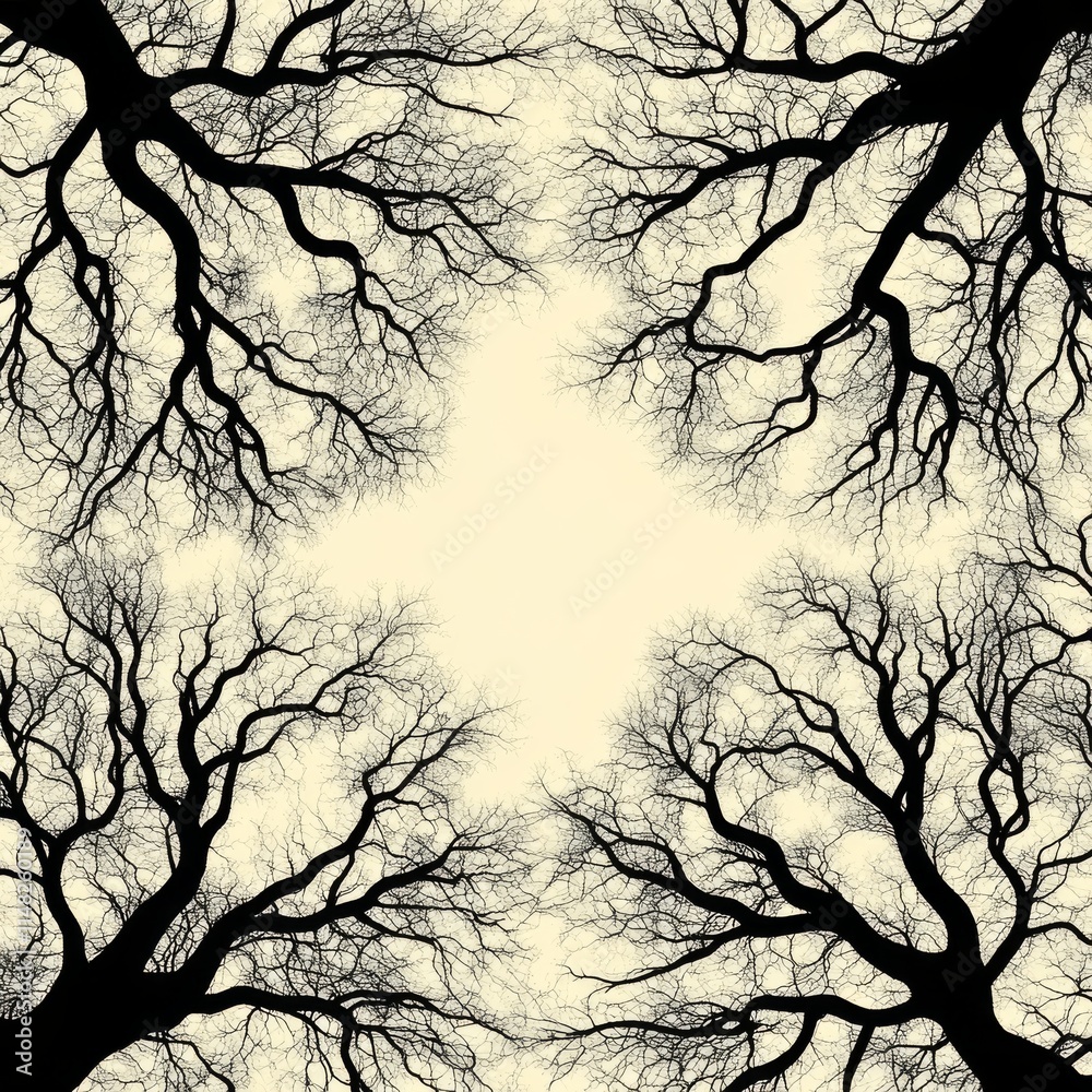 A black and white photo of trees with a white background. The trees are arranged in a diamond shape A black and white photo of trees with a white background. The trees are arranged in a diamond shape