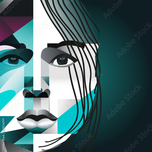 Woman human face in abstract style, cubic portrait drawing for graphic, poster, banner
