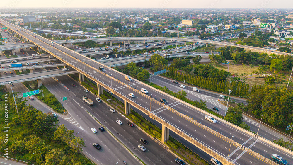 Fototapeta premium Aerial view city traffic junction road with car vehicle movement