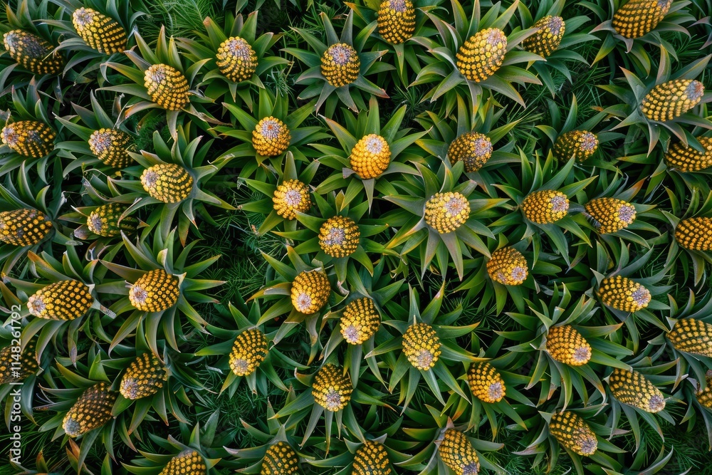 Fototapeta premium A dense collection of young pineapples growing together