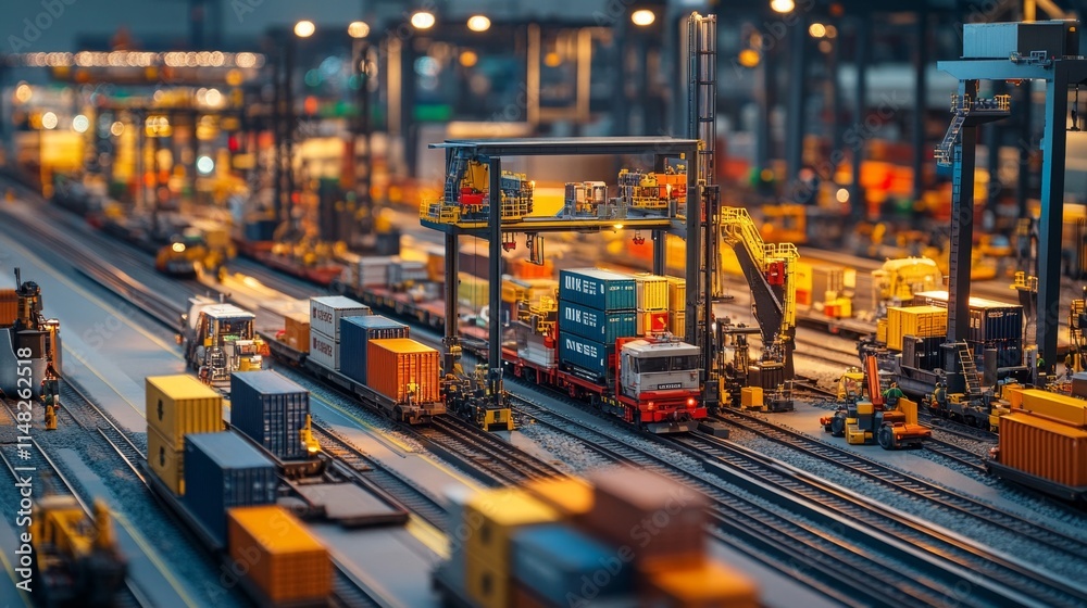 Container loading and unloading operations freight yard industrial scene urban environment aerial view supply chain efficiency