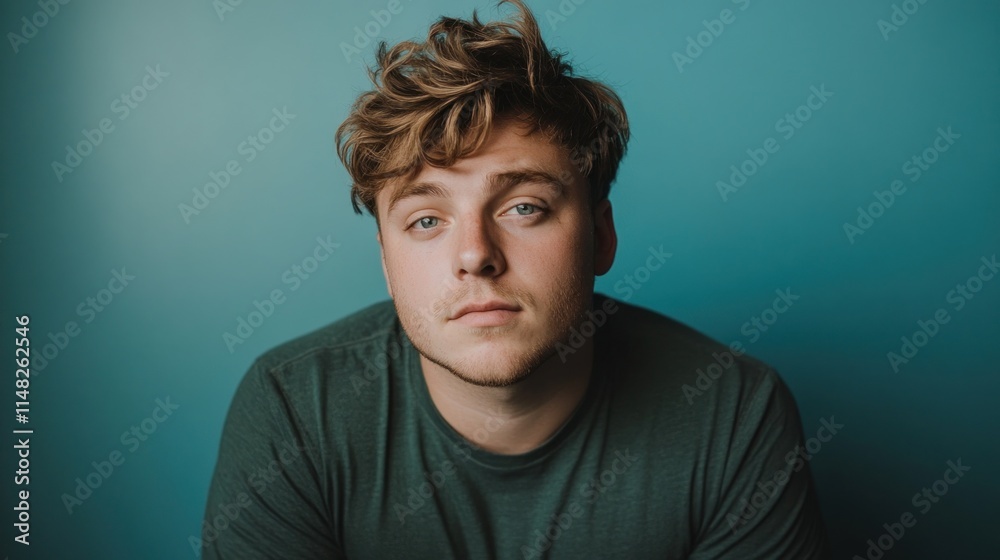 Portrait of a young man with tousled blond hair against a teal background. Portrait of a young man with tousled blond hair against a teal background.