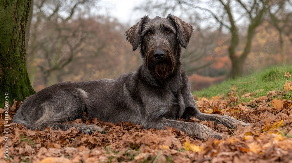 An Irish wolfhound in a meadow rests among fallen leaves, with a serene expression and earthy tones creating a peaceful vibe. An Irish wolfhound in a meadow rests among fallen leaves, with a serene expression and earthy tones creating a peaceful vibe.
