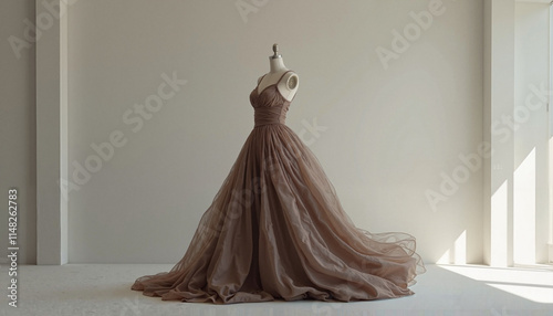 Elegant brown evening gown on a dress form in a minimalist fashion studio with soft lighting
