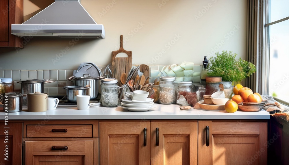 Cluttered messy home kitchen counters Cluttered messy home kitchen counters