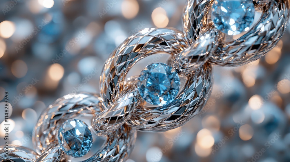 Close-up of a silver chain with blue gemstones on a sparkling background. Close-up of a silver chain with blue gemstones on a sparkling background.