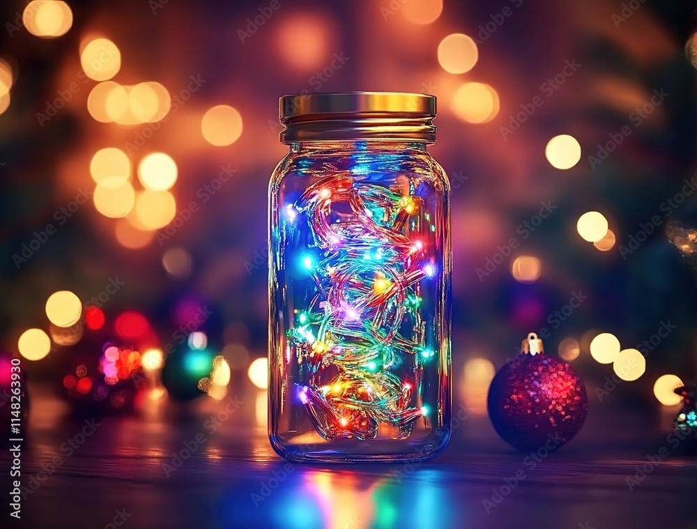 A clear glass jar with colorful LED lights inside, centered on the table in front of it, with blurred Christmas decorations and a bokeh background A clear glass jar with colorful LED lights inside, centered on the table in front of it, with blurred Christmas decorations and a bokeh background
