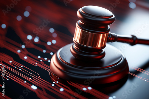 gavel rests on digital background featuring circuit patterns, symbolizing intersection of law and technology. This evokes sense of modern justice and innovation photo