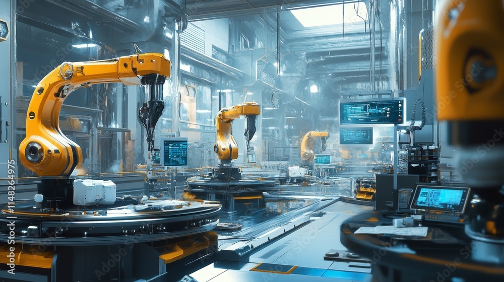 Industrial automation robots operating in high-tech factory modern manufacturing interior close-up innovation Industrial automation robots operating in high-tech factory modern manufacturing interior close-up innovation