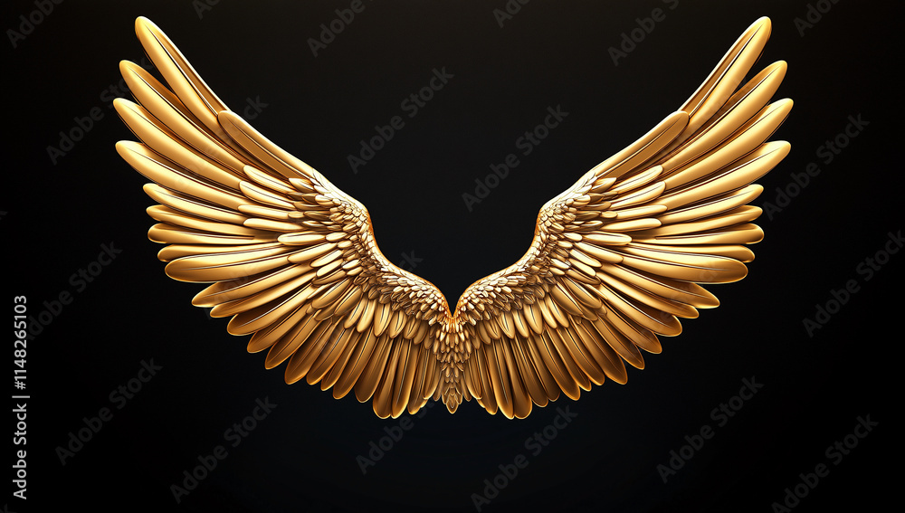 Obraz premium Golden angel wings isolated on black background, showcasing intricate details and stunning design that evokes sense of wonder and beauty