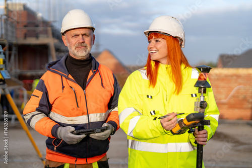 Obraz na plátně Construction workers collaborate on site in bright safety gear during late after