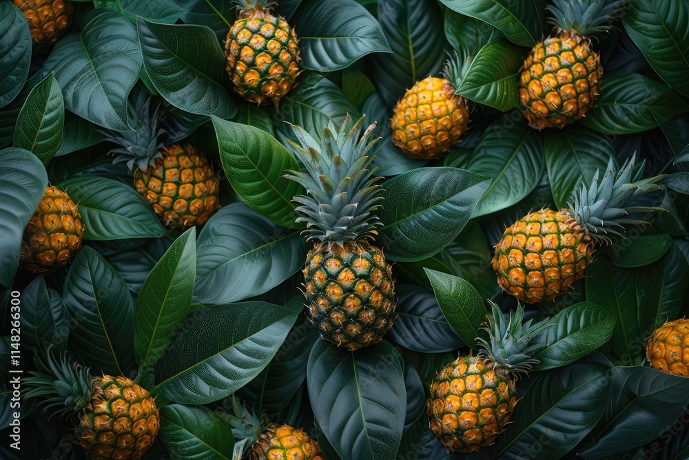 Lush Green Leaves Surround Many Ripe Pineapples Lush Green Leaves Surround Many Ripe Pineapples