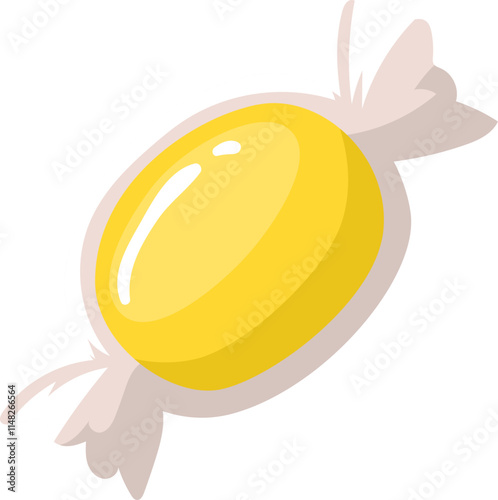 Oval yellow hard candy wrapped in cellophane with twisted ends, creating a classic sweet treat perfect for snacking or parties, isolated on white