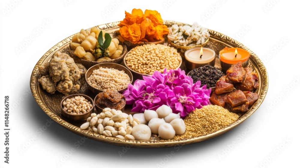 Fototapeta premium A vibrant platter filled with assorted spices and sweets. Flowers and candles add charm. Perfect for celebrations and culinary presentations. Generative AI
