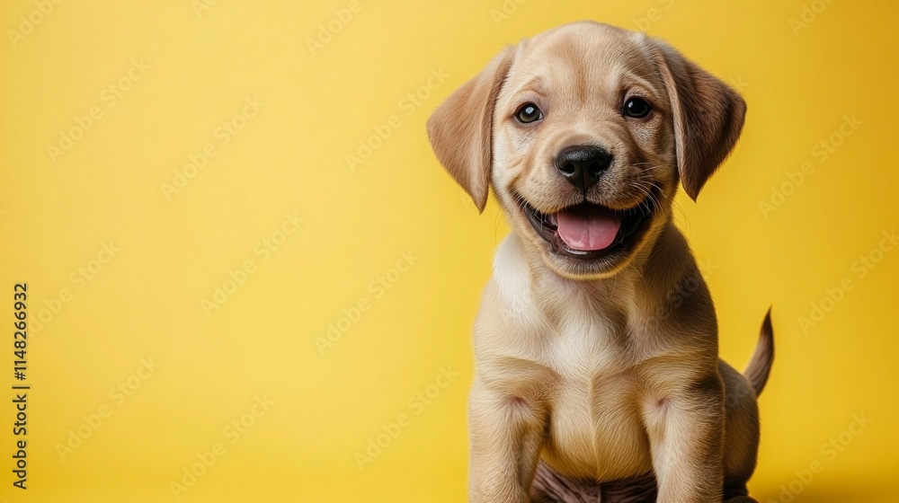 A lovable puppy with a happy expression and wagging tail on a clean yellow background exuding charm warmth and cheerful vibes A lovable puppy with a happy expression and wagging tail on a clean yellow background exuding charm warmth and cheerful vibes