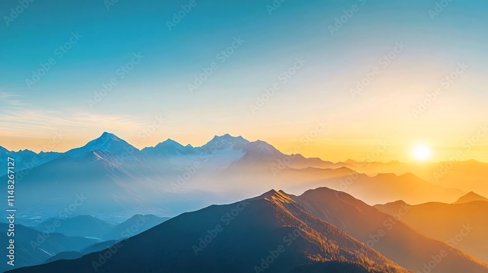 Majestic sunrise over snow-capped mountain range. Majestic sunrise over snow-capped mountain range.
