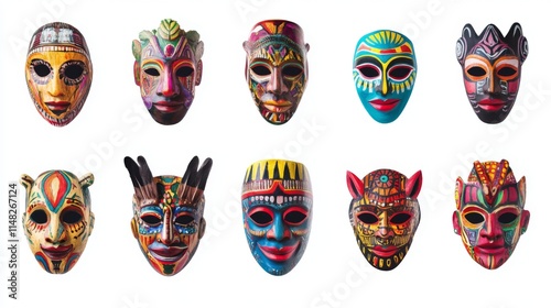 Vibrant collection of colorful masks showcasing unique artistic styles and cultural heritage. Each mask tells a story through its vivid design. Generative AI photo