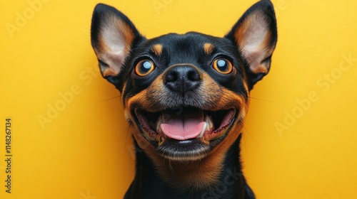 Smiling puppy dog with bright eyes and floppy ears posed adorably on an isolated yellow background creating a lively and cheerful atmosphere photo