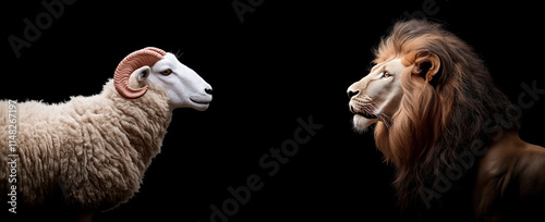 striking image of sheep and lion facing each other, showcasing their contrasting features and expressions. sheep calm demeanor contrasts with lion majestic presence, creating captivating visual