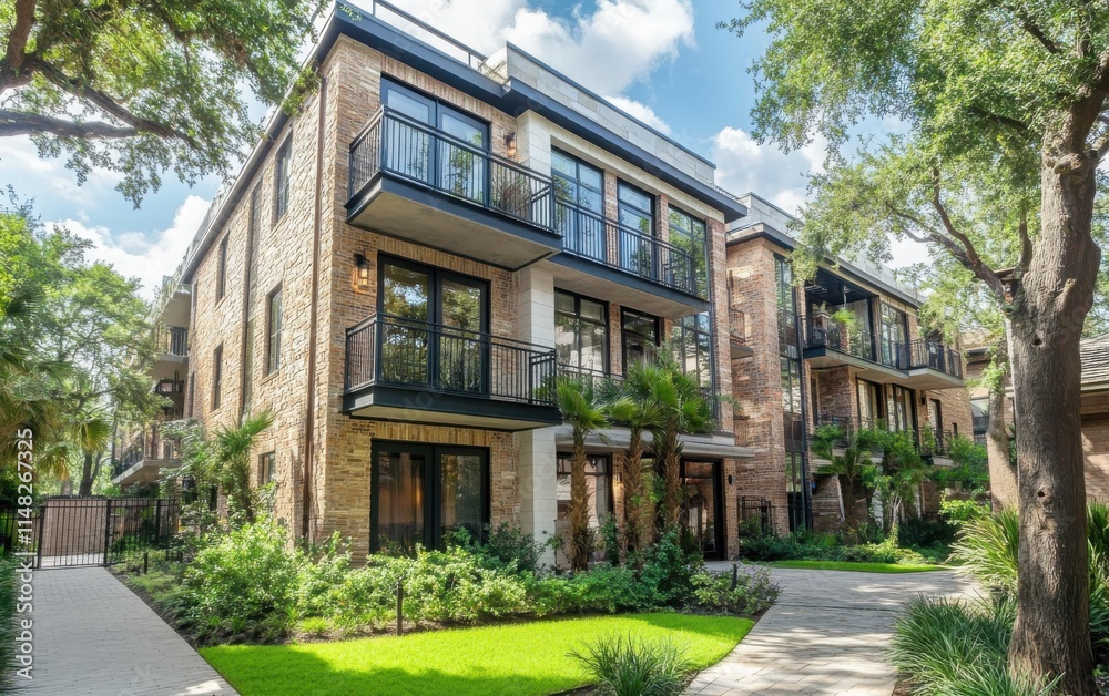 A three-story apartment building with a brick and stone exterior, featuring large windows for natural light, black metal balconies, and lush green landscaping A three-story apartment building with a brick and stone exterior, featuring large windows for natural light, black metal balconies, and lush green landscaping