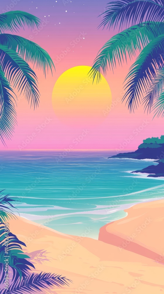 Fototapeta premium Stunning illustration of a tropical beach at sunset with palm trees and a vibrant sky, perfect for travel and nature themes.