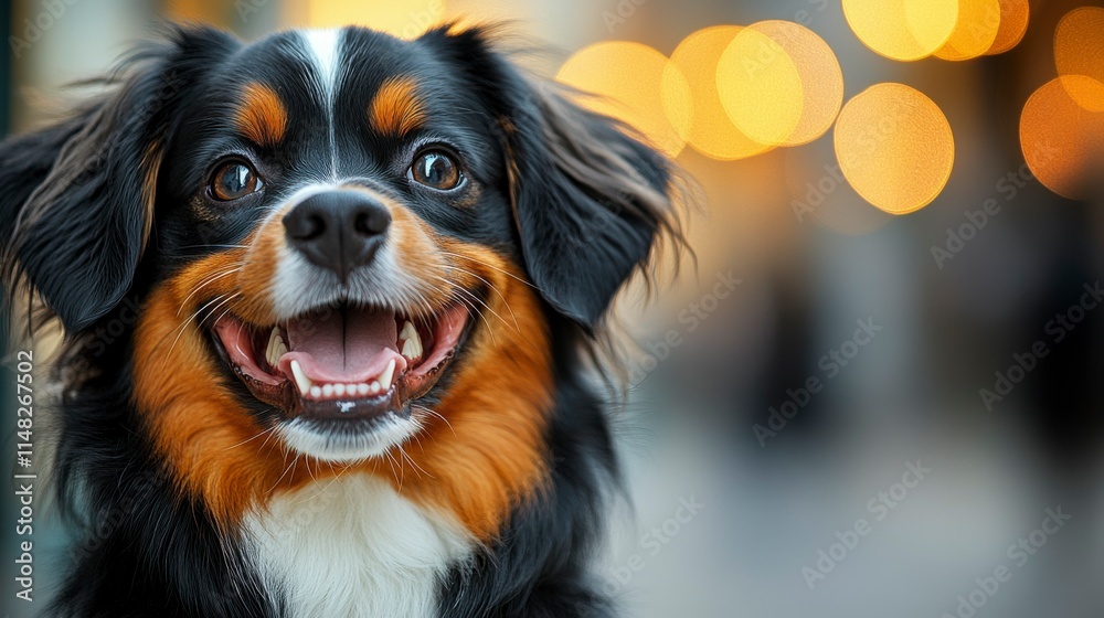 An energetic and smiling puppy posed against an isolated yellow background capturing the playful essence and joyful nature of a young dog An energetic and smiling puppy posed against an isolated yellow background capturing the playful essence and joyful nature of a young dog