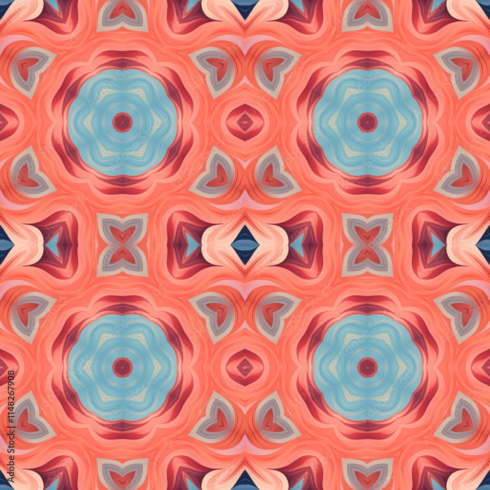 Fototapeta premium Patrón sin costuras Original. Colores. Formas. Estampa. Textura. Fondo. Caleidoscopio. Simétrico. Infinito. Rojo. Cálidos
