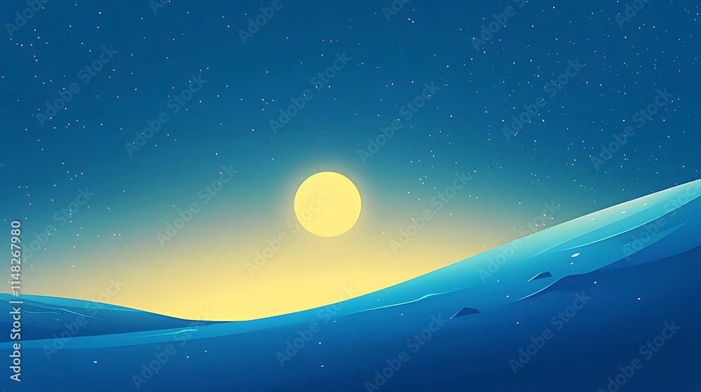 Stylized illustration of a moonlit desert landscape at night, featuring rolling sand dunes and a large yellow moon in a dark blue sky. Stylized illustration of a moonlit desert landscape at night, featuring rolling sand dunes and a large yellow moon in a dark blue sky.