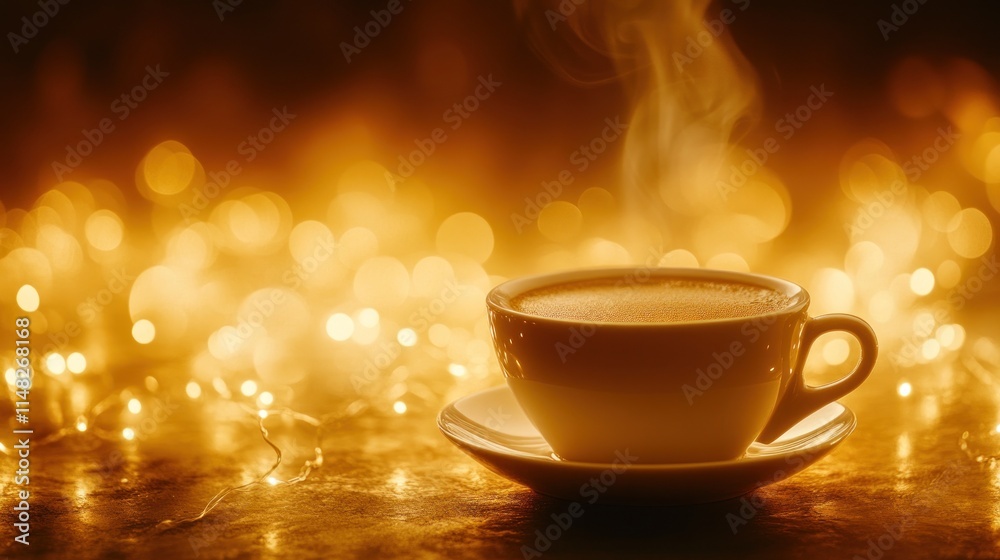 Obraz premium Steaming coffee cup on saucer with warm golden bokeh lights.