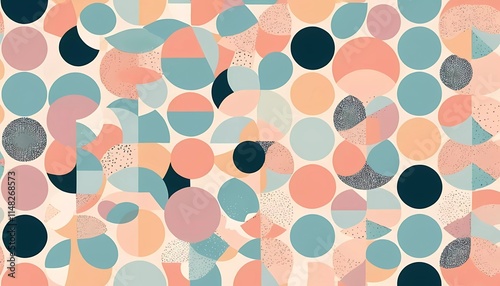 displays a colorful abstract pattern composed of various geometric shapes, primarily circles and semi-circles, in pastel shades of blue, peach, and pink